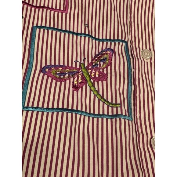 Vintage The Quacker Factory M Red White Stripe Dragonflies Short Sleeve Shirt - Picture 4 of 11